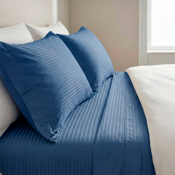Juego de Sábanas 250 Hilos Diseño a Rayas 50% Algodón 50% Poliéster Azul Noche