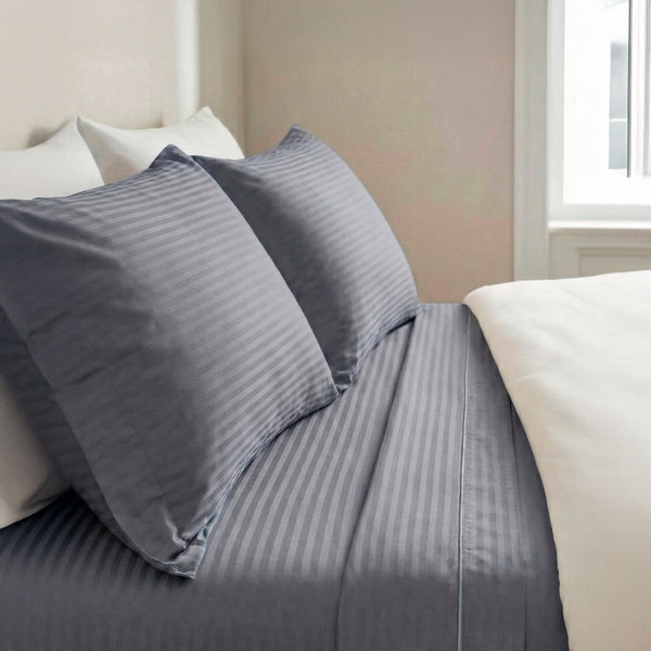 Juego de Sábanas 250 Hilos Diseño a Rayas 50% Algodón 50% Poliéster Gris Oscuro