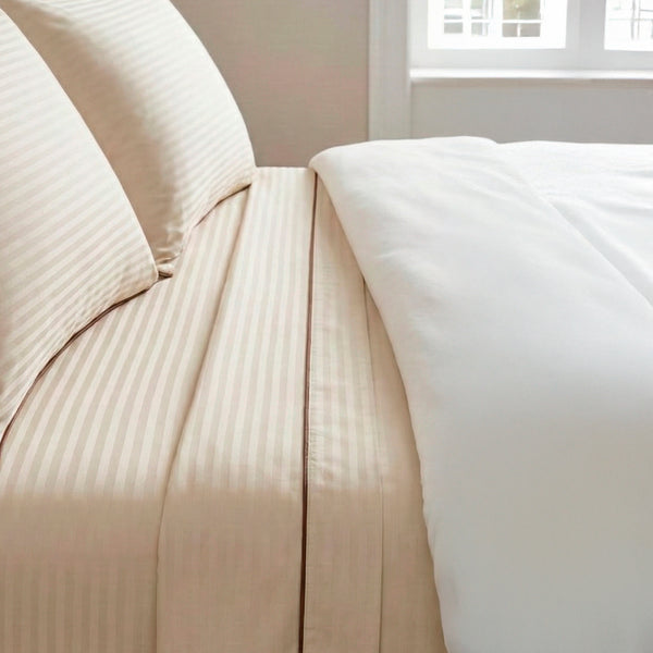 Juego de Sábanas 250 Hilos Diseño a Rayas 50% Algodón 50% Poliéster Marfil